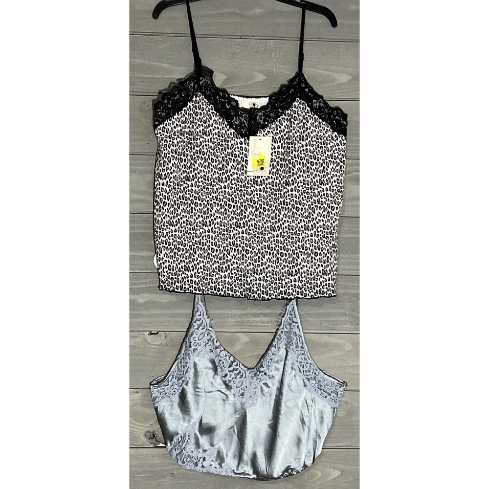Free People Everleigh Bundle Tank Tops L Cheetah Gray Chemise Flowy Summer NWT